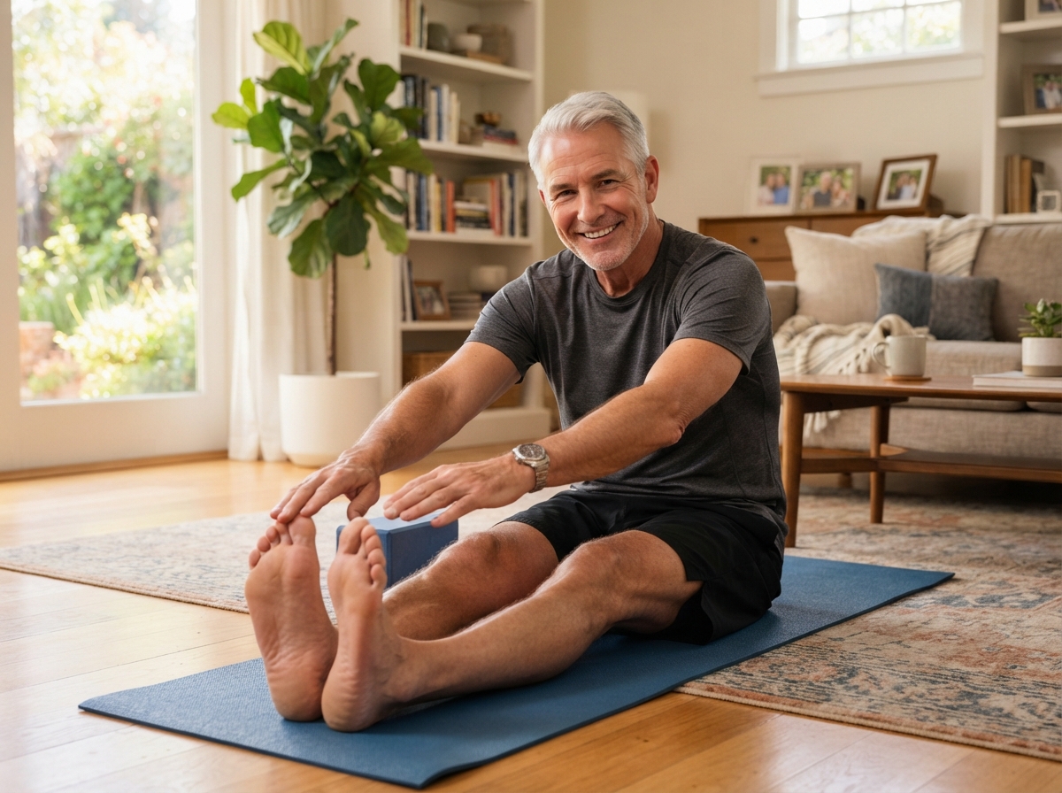 Active man in his 60s exercising comfortably at home